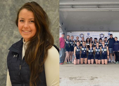 Two photos side by side: one, a portrait of Sarah Doelp ’19; the other, Sarah Dolep with her teammates and coaches in a group photo of the women’s rowing team, wearing their rowing uniforms and medals