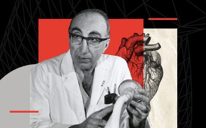 Black and white photograph of Dr. Michael DeBakey holding a medical instrument, superimposed over an illustration of an anatomical heart