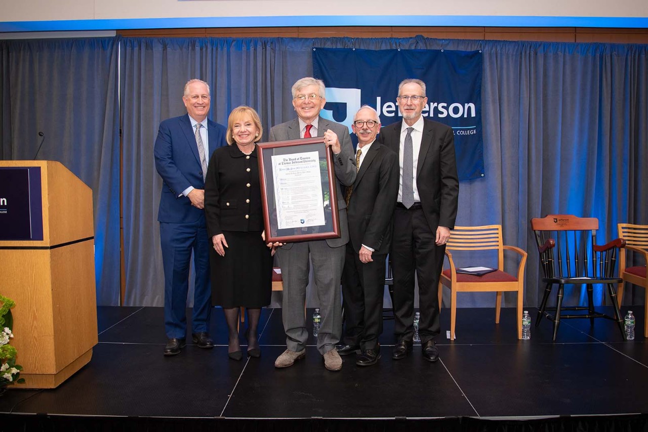 Left to right: Stephen T. Smith, Susan C. Aldridge, PhD, Robert M. Stein, MD ‘68, F. Michael Angelo, Matt Dane Baker