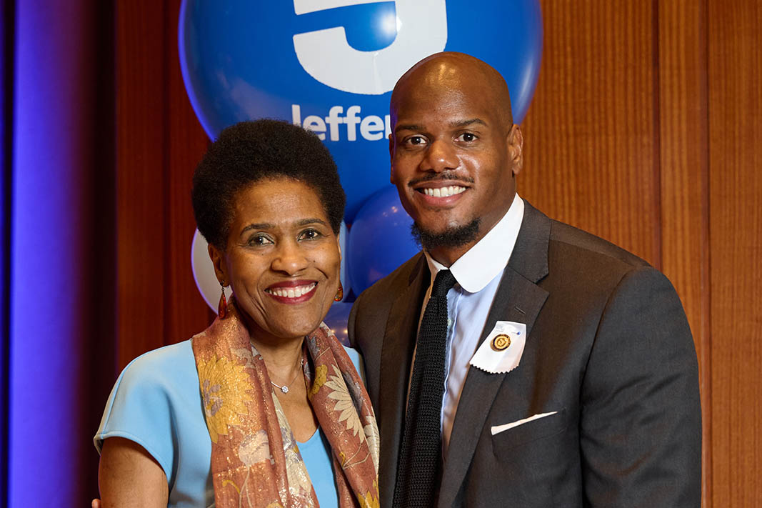 D'Brickashaw Ferguson with his mother at the Jefferson College of Nursing graduation in May 2025.