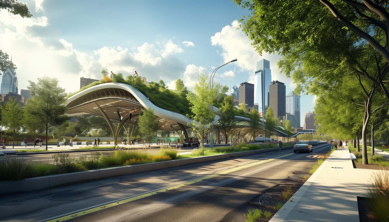 This image shows a rendering of a smart city transportation center.