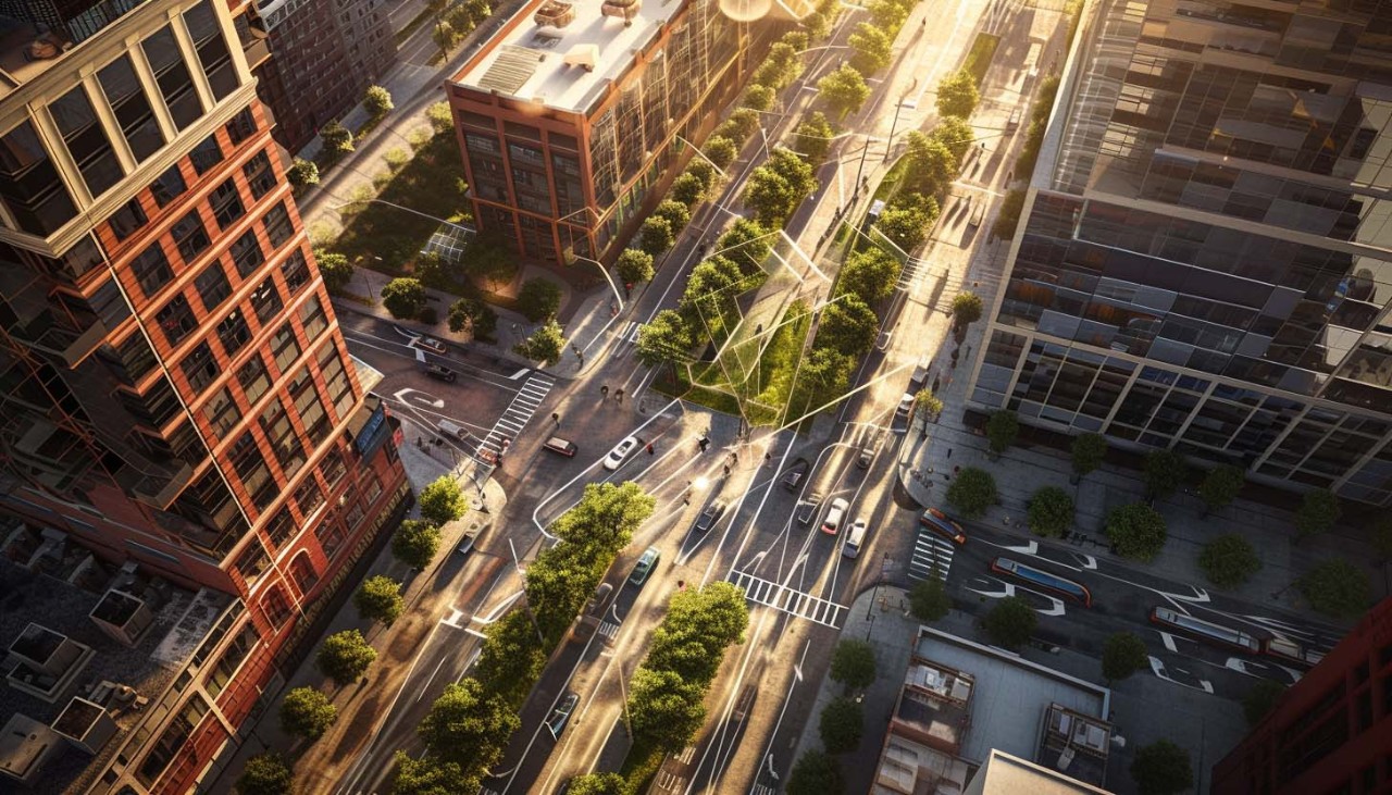 This image shows a rendering of streets within a smart city.