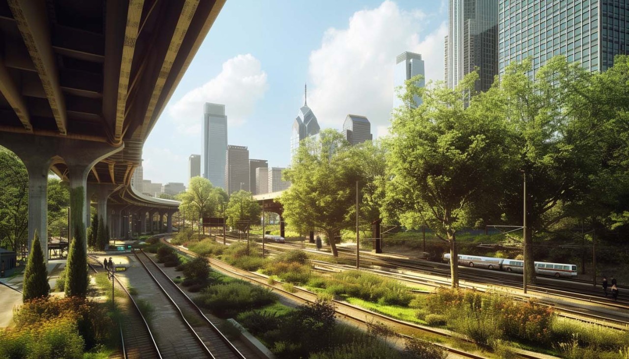 This image shows a rendering of train tracks in a smart city.