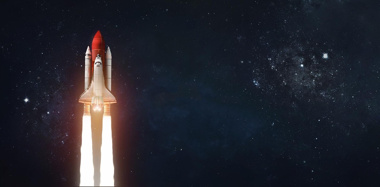 1913396140 Space shuttle in outer space on dark background. Rocket with astronauts. Elements of this image furnished by NASA