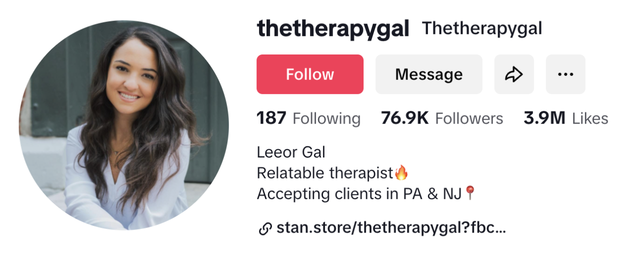 This image shows a screenshot of Leeor Gal's TikTok profile, TheTherapyGal