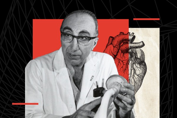 Black and white photograph of Dr. Michael DeBakey holding a medical instrument, superimposed over an illustration of an anatomical heart